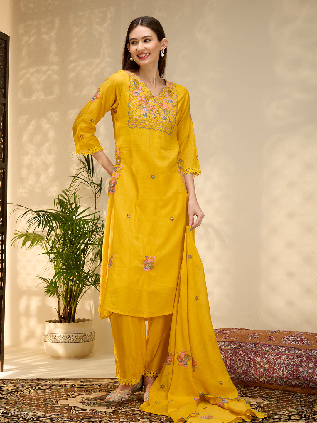 Solid Floral Threadwork A-Line Kurta with Palazzo & Dupatta - Yellow