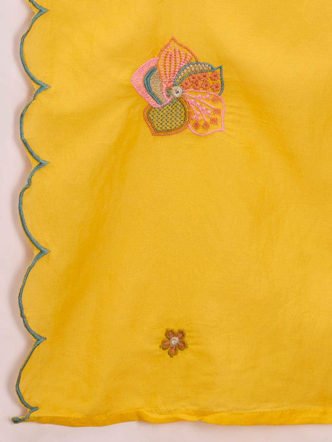 Solid Floral Threadwork A-Line Kurta with Palazzo & Dupatta - Yellow