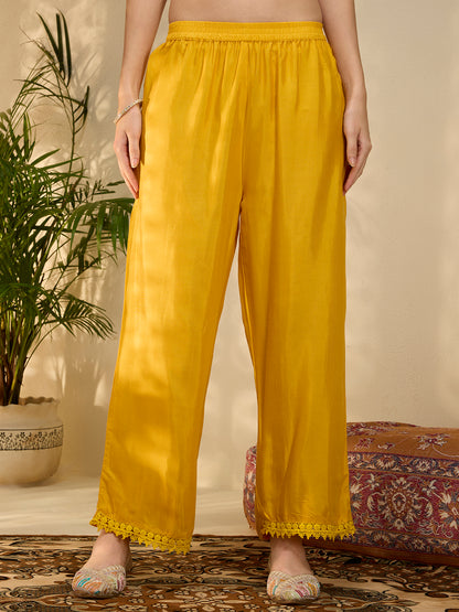 Solid Floral Threadwork A-Line Kurta with Palazzo & Dupatta - Yellow