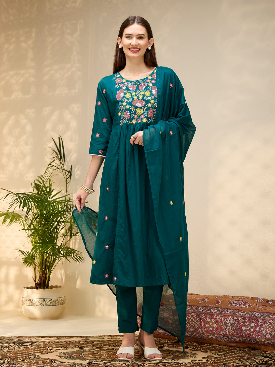 Solid Floral Embroidered A-Line Flared Kurta with Pant & Dupatta - Green