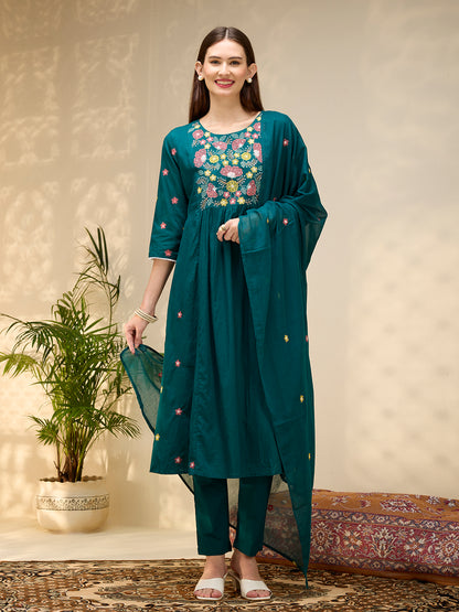 Solid Floral Embroidered A-Line Flared Kurta with Pant & Dupatta - Green