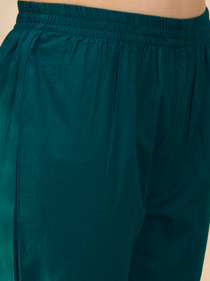 Solid Floral Embroidered A-Line Flared Kurta with Pant & Dupatta - Green