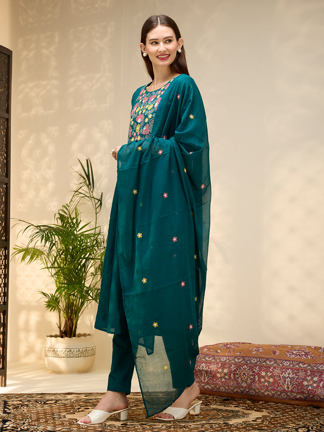 Solid Floral Embroidered A-Line Flared Kurta with Pant & Dupatta - Green