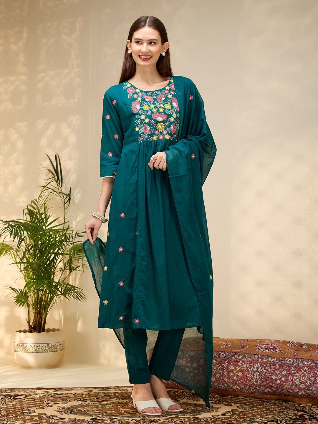 Solid Floral Embroidered A-Line Flared Kurta with Pant & Dupatta - Green