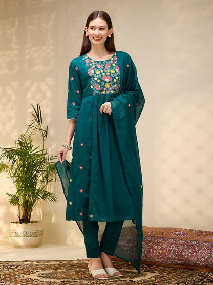 Solid Floral Embroidered A-Line Flared Kurta with Pant & Dupatta - Green