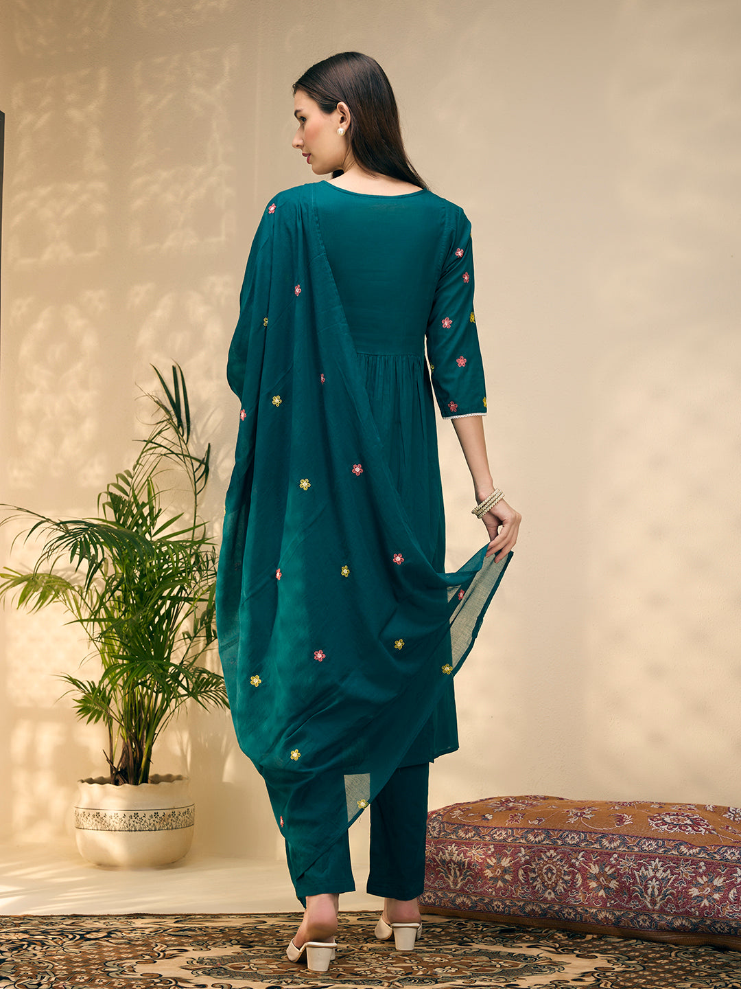 Solid Floral Embroidered A-Line Flared Kurta with Pant & Dupatta - Green