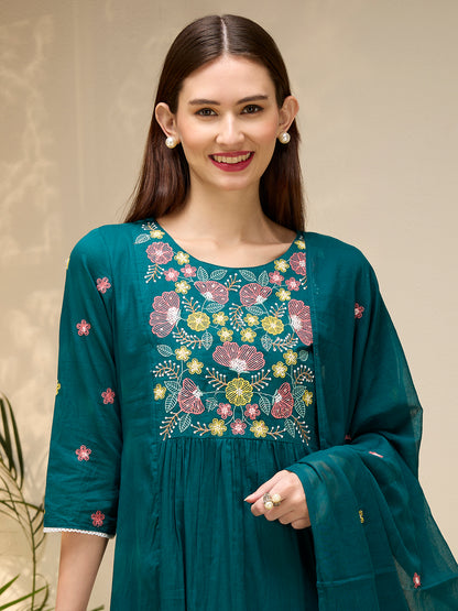Solid Floral Embroidered A-Line Flared Kurta with Pant & Dupatta - Green