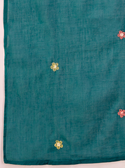 Solid Floral Embroidered A-Line Flared Kurta with Pant & Dupatta - Green