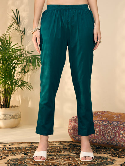 Solid Floral Embroidered A-Line Flared Kurta with Pant & Dupatta - Green