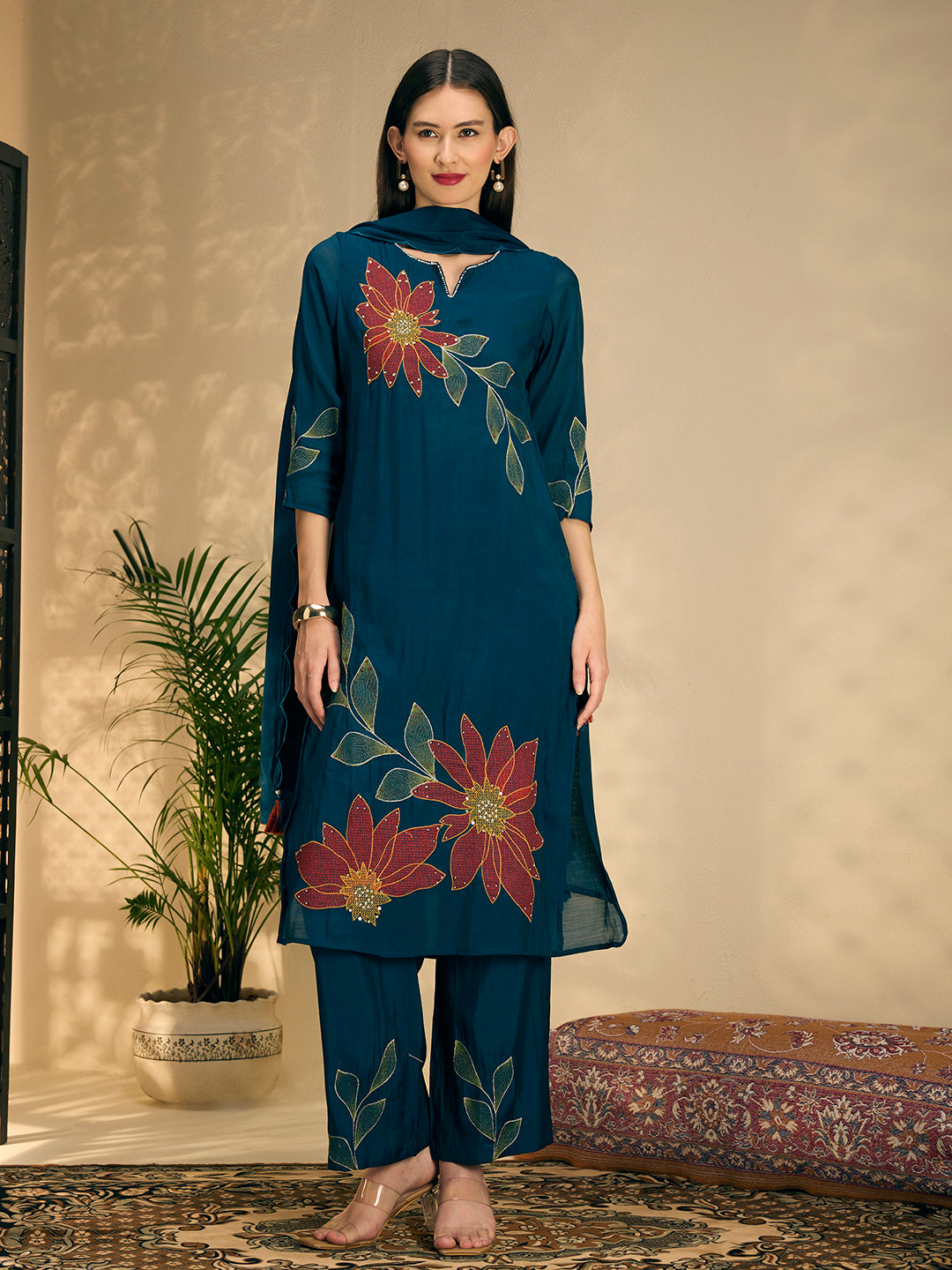 Festive Solid Abstract Floral Embroidered Straight Fit Kurta with Pant and Dupatta - Teal