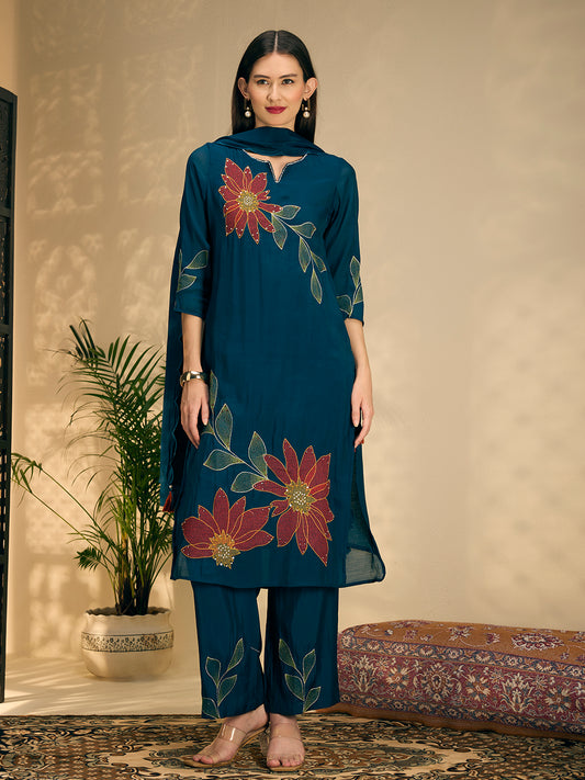 Festive Solid Abstract Floral Embroidered Straight Fit Kurta with Pant and Dupatta - Teal