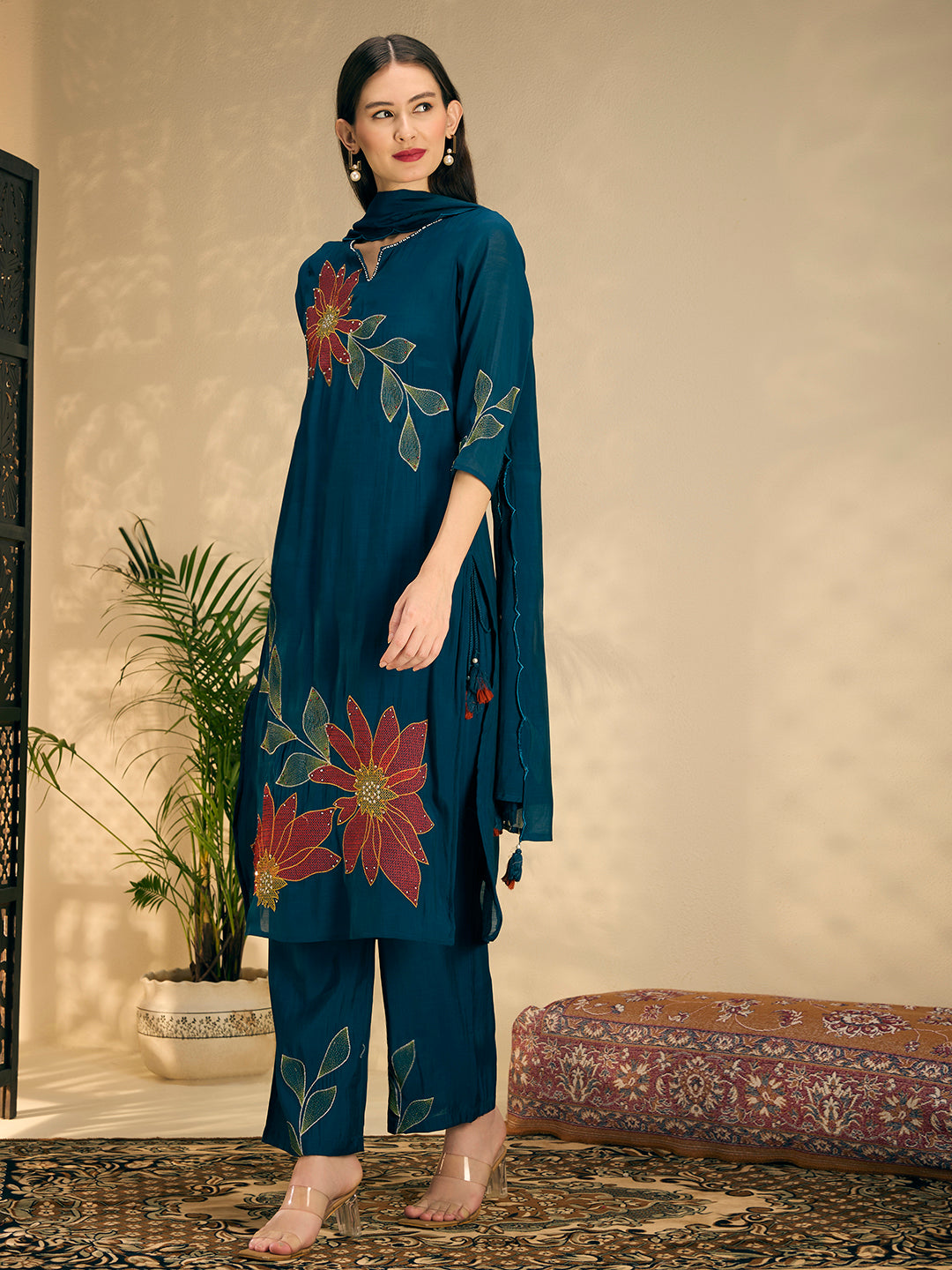 Festive Solid Abstract Floral Embroidered Straight Fit Kurta with Pant and Dupatta - Teal