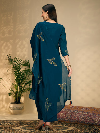 Festive Solid Abstract Floral Embroidered Straight Fit Kurta with Pant and Dupatta - Teal