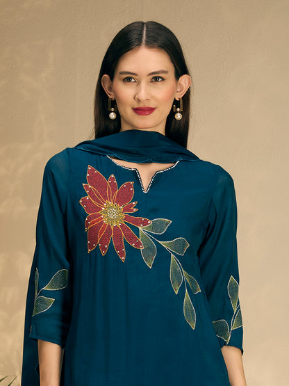Festive Solid Abstract Floral Embroidered Straight Fit Kurta with Pant and Dupatta - Teal