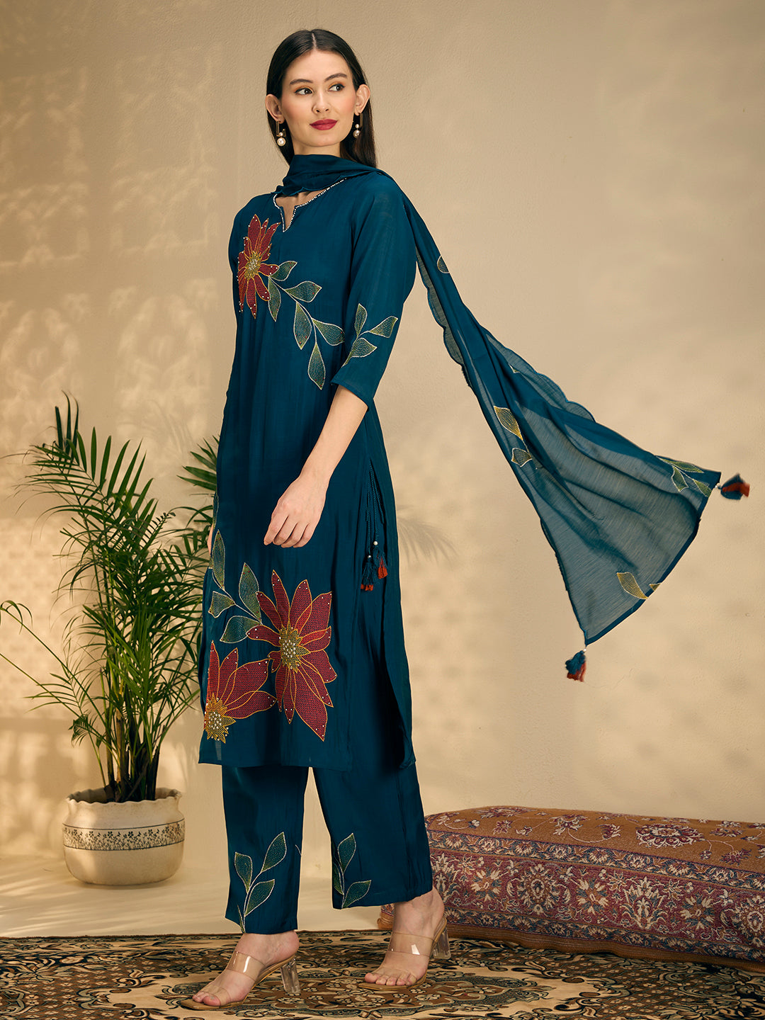 Festive Solid Abstract Floral Embroidered Straight Fit Kurta with Pant and Dupatta - Teal