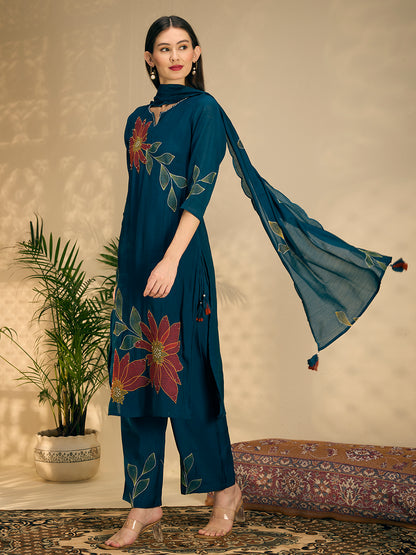 Festive Solid Abstract Floral Embroidered Straight Fit Kurta with Pant and Dupatta - Teal