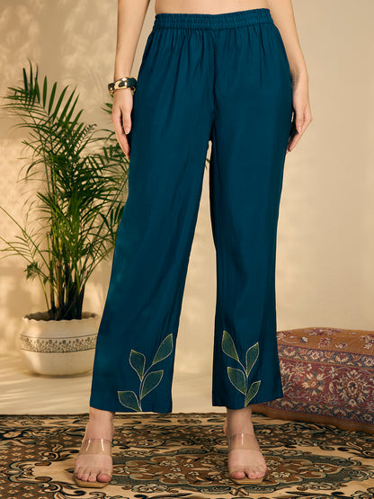 Festive Solid Abstract Floral Embroidered Straight Fit Kurta with Pant and Dupatta - Teal