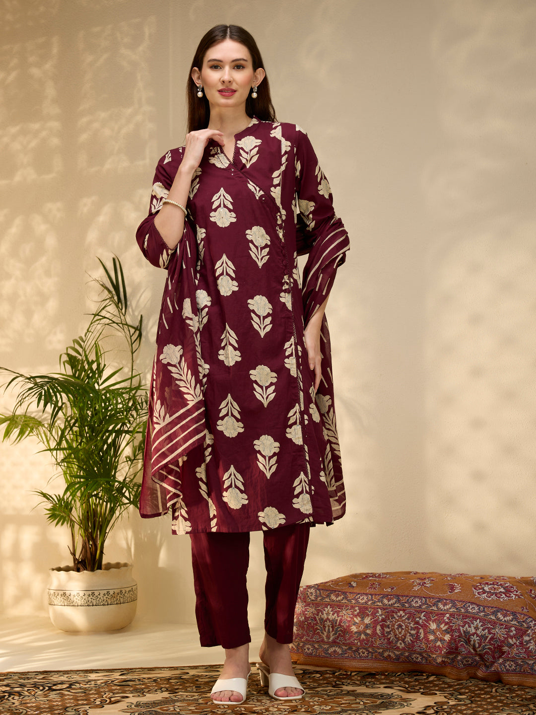 Ethnic Floral Printed Embroidered A-Line Kurta with Pant & Dupatta - Wine