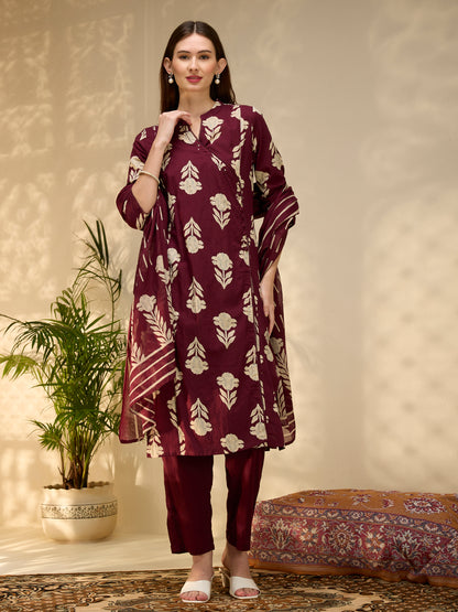 Ethnic Floral Printed Embroidered A-Line Kurta with Pant & Dupatta - Wine