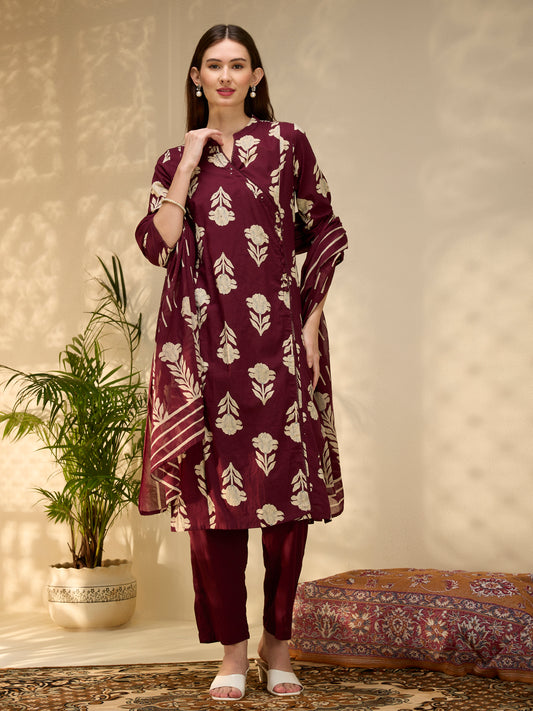 Ethnic Floral Printed Embroidered A-Line Kurta with Pant & Dupatta - Wine