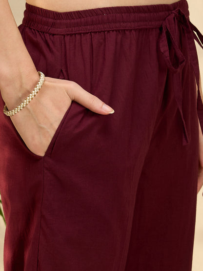 Ethnic Floral Printed Embroidered A-Line Kurta with Pant & Dupatta - Wine