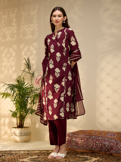 Ethnic Floral Printed Embroidered A-Line Kurta with Pant & Dupatta - Wine