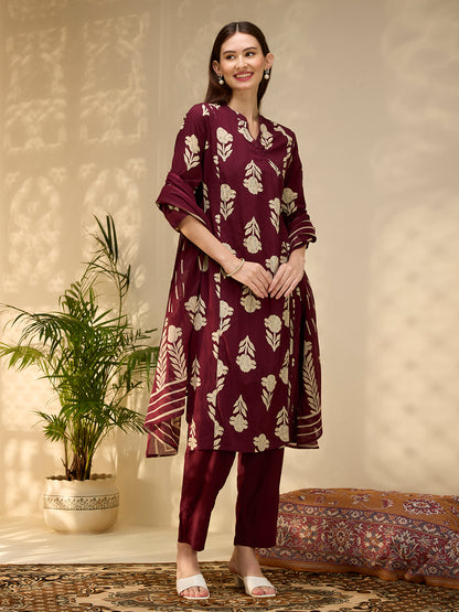 Ethnic Floral Printed Embroidered A-Line Kurta with Pant & Dupatta - Wine