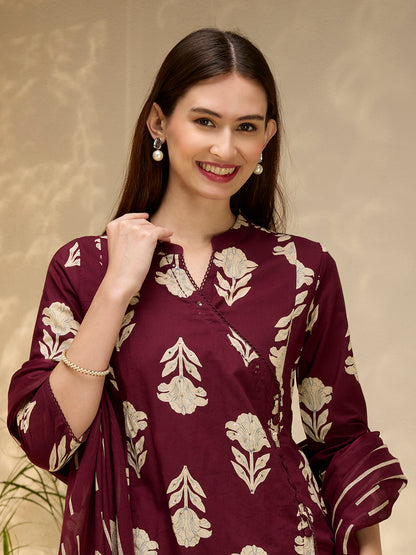 Ethnic Floral Printed Embroidered A-Line Kurta with Pant & Dupatta - Wine