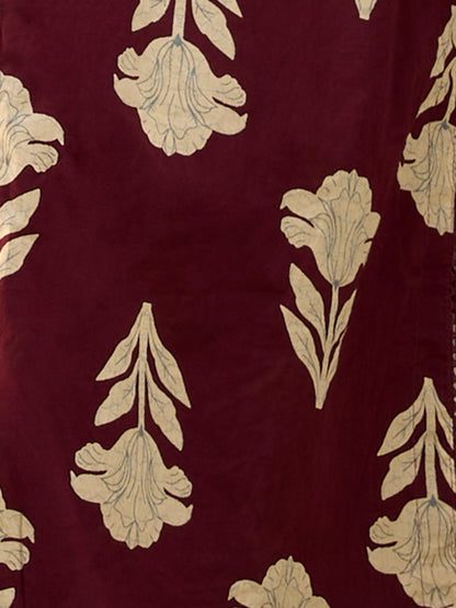 Ethnic Floral Printed Embroidered A-Line Kurta with Pant & Dupatta - Wine