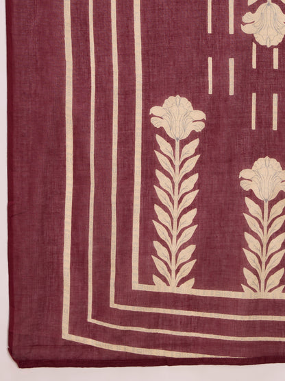 Ethnic Floral Printed Embroidered A-Line Kurta with Pant & Dupatta - Wine