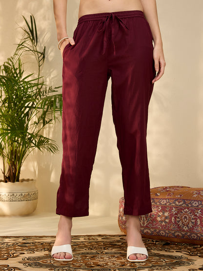 Ethnic Floral Printed Embroidered A-Line Kurta with Pant & Dupatta - Wine