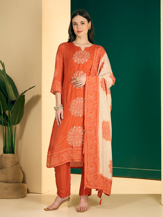 Bandhani Printed Embroidered Straight Kurta with Palazzo and Dupatta - Orange