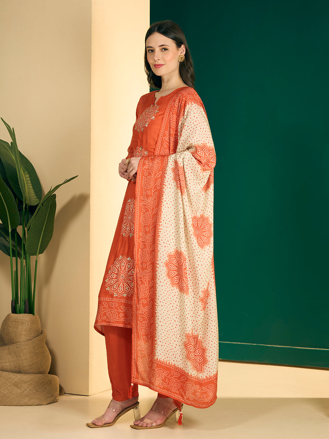 Bandhani Printed Embroidered Straight Kurta with Palazzo and Dupatta - Orange