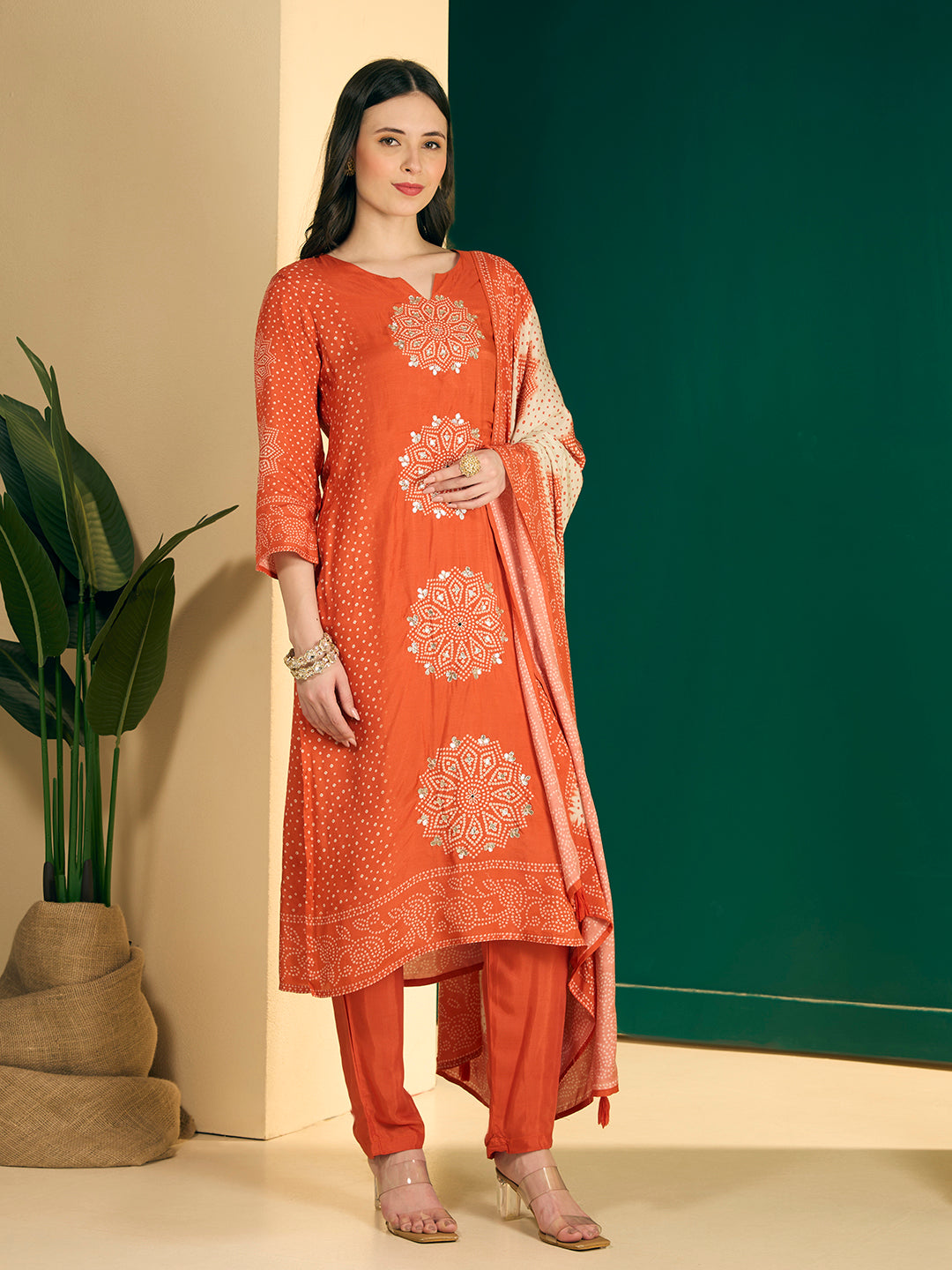 Bandhani Printed Embroidered Straight Kurta with Palazzo and Dupatta - Orange