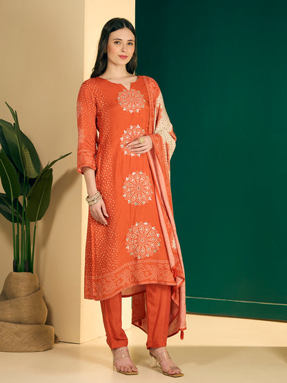 Bandhani Printed Embroidered Straight Kurta with Palazzo and Dupatta - Orange