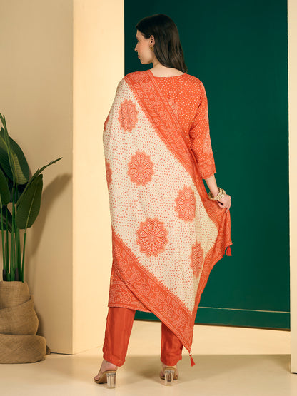 Bandhani Printed Embroidered Straight Kurta with Palazzo and Dupatta - Orange