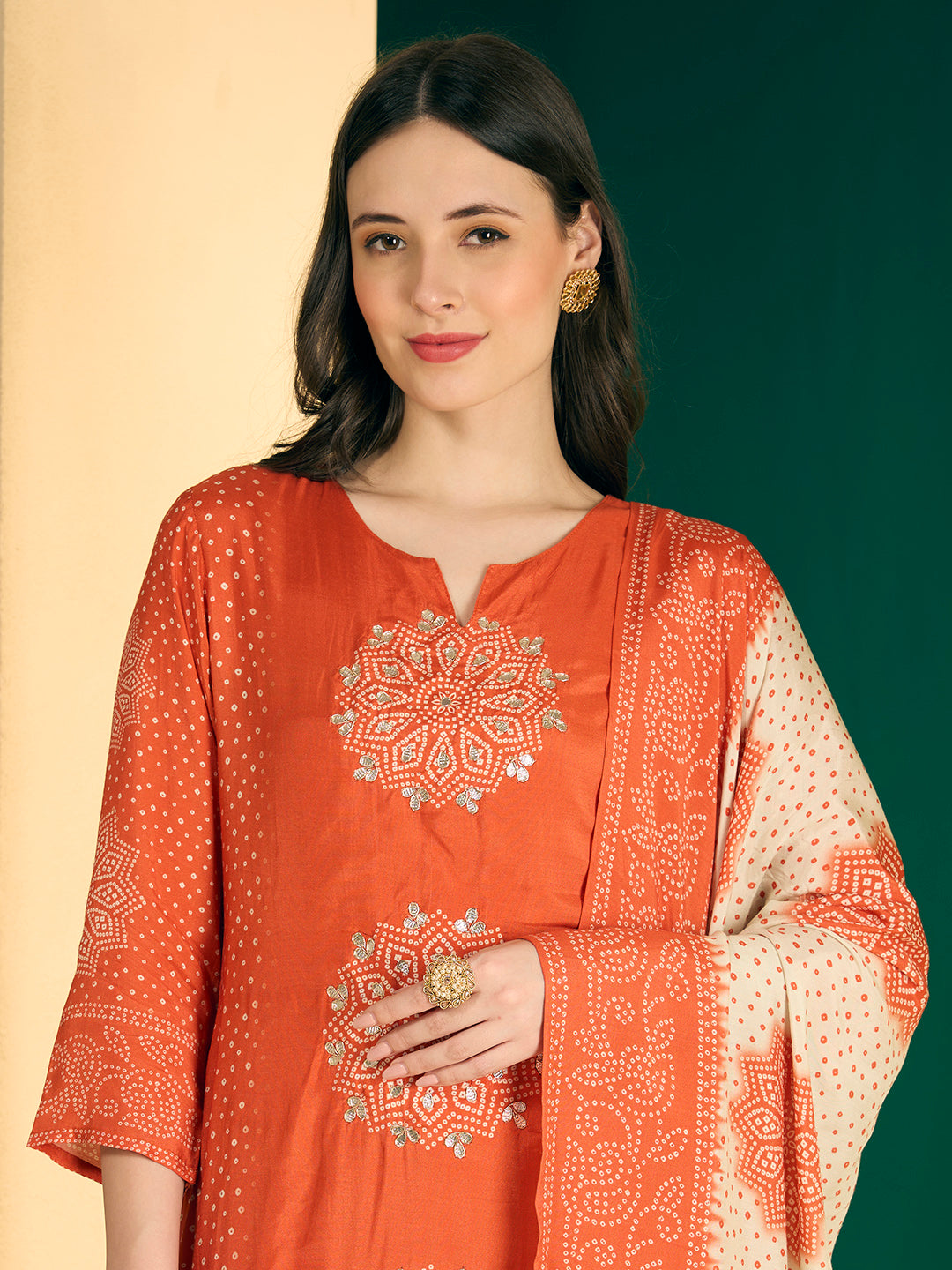 Bandhani Printed Embroidered Straight Kurta with Palazzo and Dupatta - Orange
