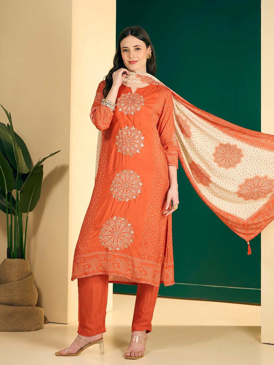 Bandhani Printed Embroidered Straight Kurta with Palazzo and Dupatta - Orange