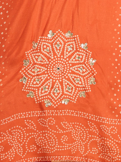 Bandhani Printed Embroidered Straight Kurta with Palazzo and Dupatta - Orange