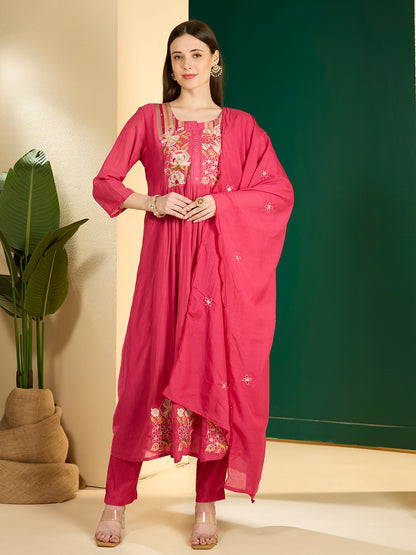 Festive Resham Embroidered A-Line Pleated with Pant & Scalloped Dupatta - Rani