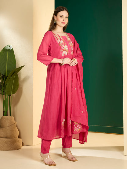 Festive Resham Embroidered A-Line Pleated with Pant & Scalloped Dupatta - Rani