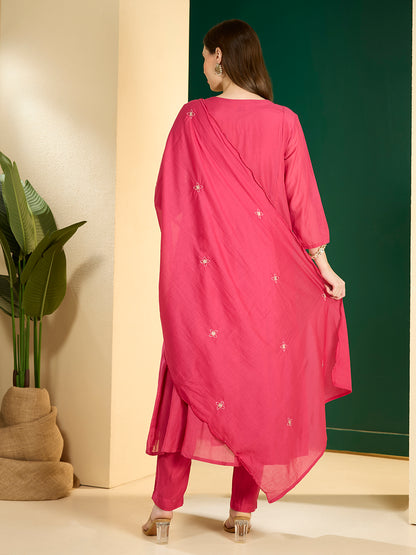 Festive Resham Embroidered A-Line Pleated with Pant & Scalloped Dupatta - Rani