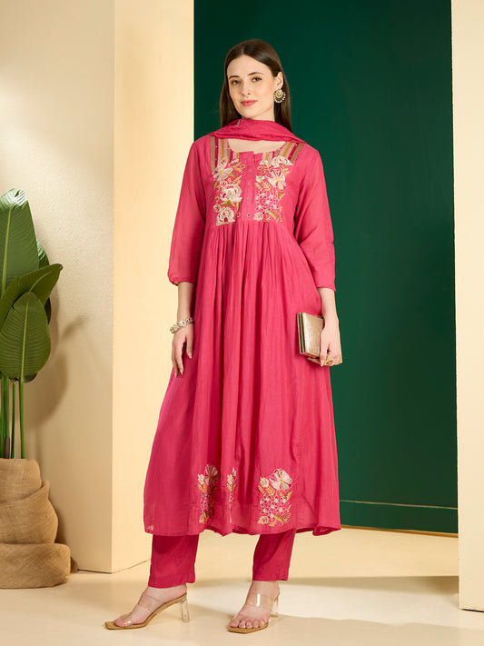 Festive Resham Embroidered A-Line Pleated with Pant & Scalloped Dupatta - Rani