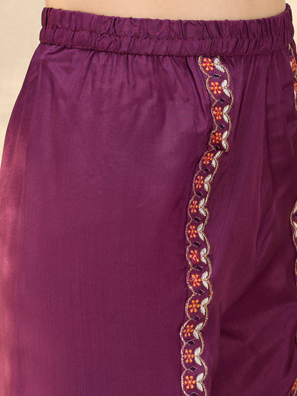 Solid Ethnic Embroidered Straight Kurta with Dhoti & Dupatta - Purple