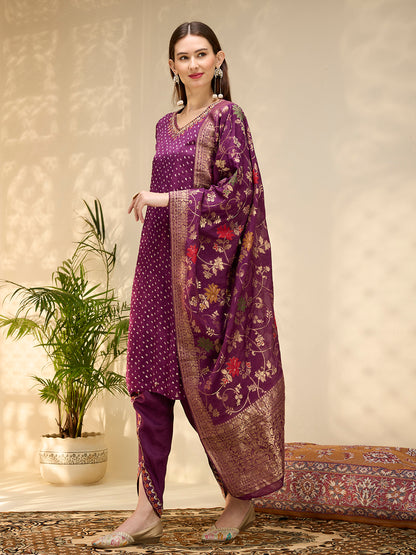 Solid Ethnic Embroidered Straight Kurta with Dhoti & Dupatta - Purple