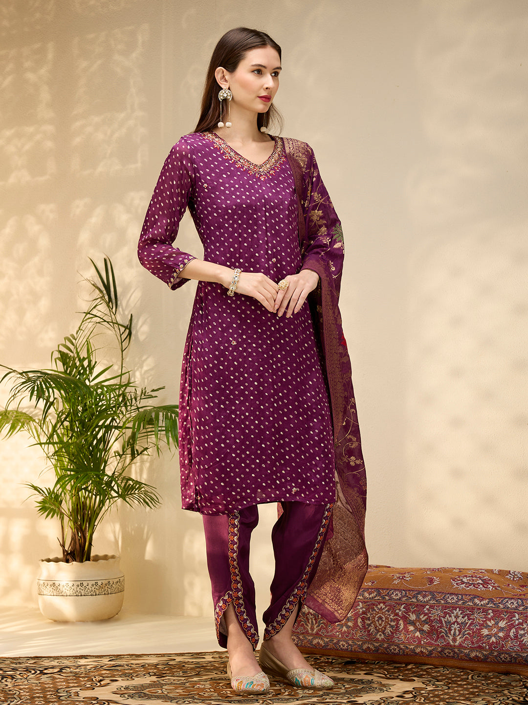 Solid Ethnic Embroidered Straight Kurta with Dhoti & Dupatta - Purple