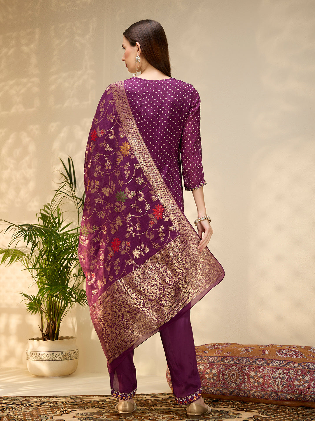 Solid Ethnic Embroidered Straight Kurta with Dhoti & Dupatta - Purple