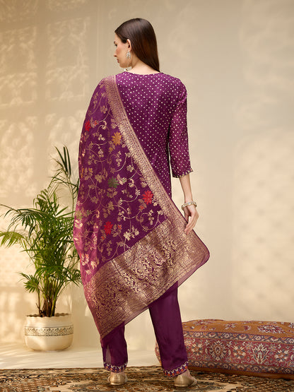 Solid Ethnic Embroidered Straight Kurta with Dhoti & Dupatta - Purple