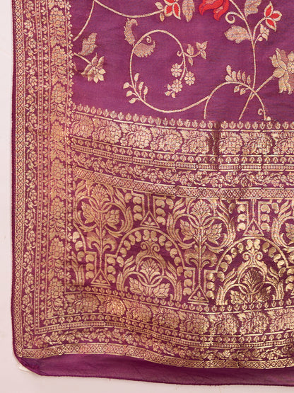 Solid Ethnic Embroidered Straight Kurta with Dhoti & Dupatta - Purple