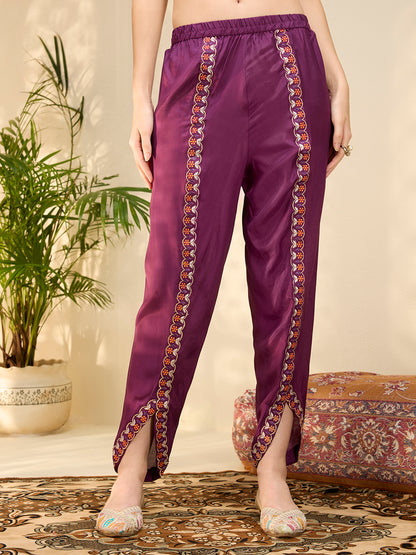 Solid Ethnic Embroidered Straight Kurta with Dhoti & Dupatta - Purple